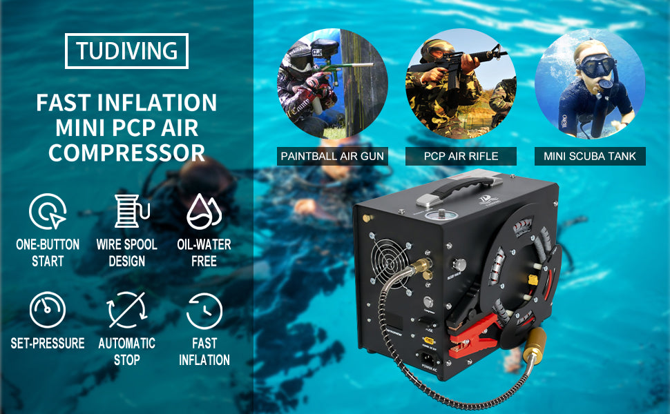 TUDIVING-Portable 4500Psi Pcp Air Compressor,High Pressure Compressor Paintball Scuba Compressor HPA Pump Fill Station Auto-Stop