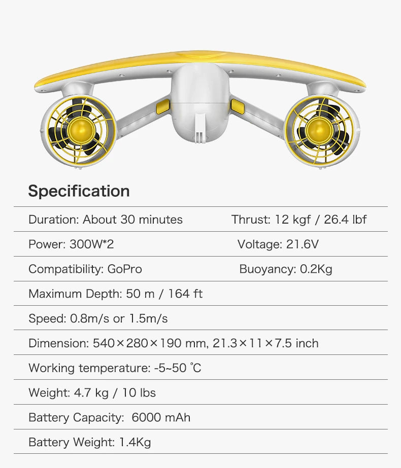 Mankeel W7 Electric Underwater Booster Sea Scooter 300W Dual Speed 6000mAh Diving Propeller For Ocean/Pool Diving Sports