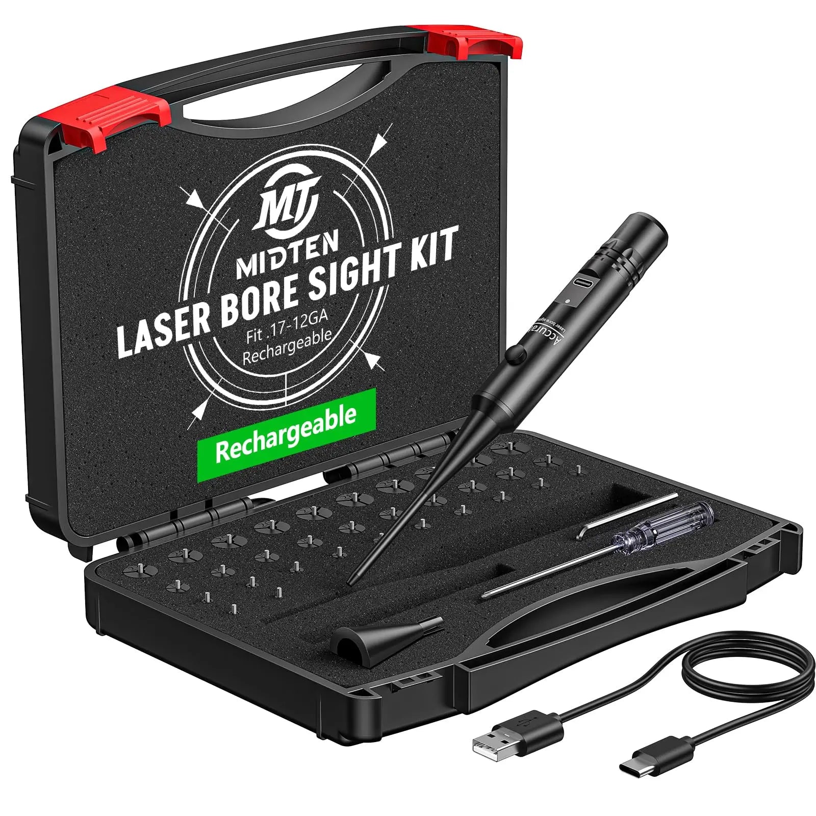 Professional Green Laser Bore Sight with 32 Adapters Fit 0.17 to 12GA Cal Multiple Caliber Bore Sight Kit for All Gun Rechargeab