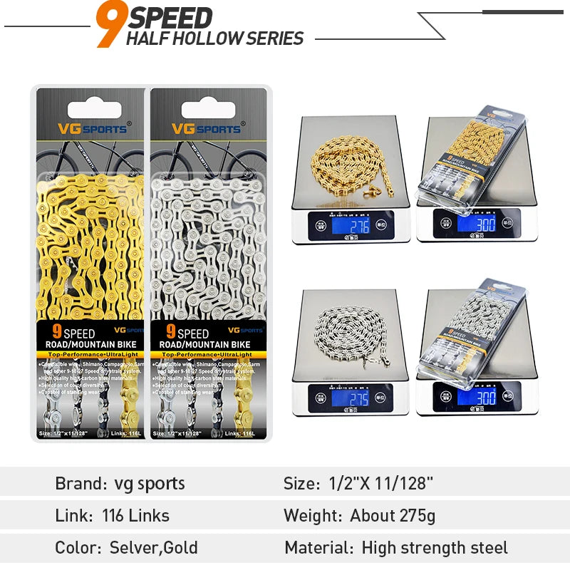 VG Sports Bicycle Chain 6 7 8 9 10 11 Speed 8s 9s 10s 11s Velocidade Titanium Rainbow Gold MTB Mountain Road Bike Chains Parts
