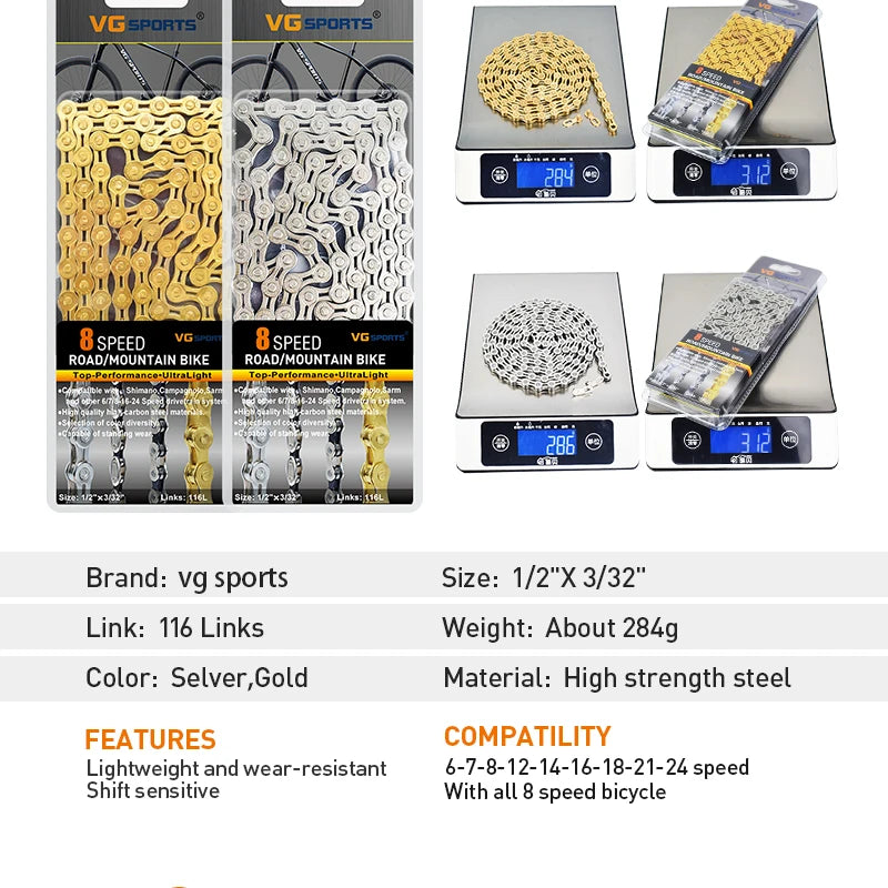 VG Sports Bicycle Chain 6 7 8 9 10 11 Speed 8s 9s 10s 11s Velocidade Titanium Rainbow Gold MTB Mountain Road Bike Chains Parts