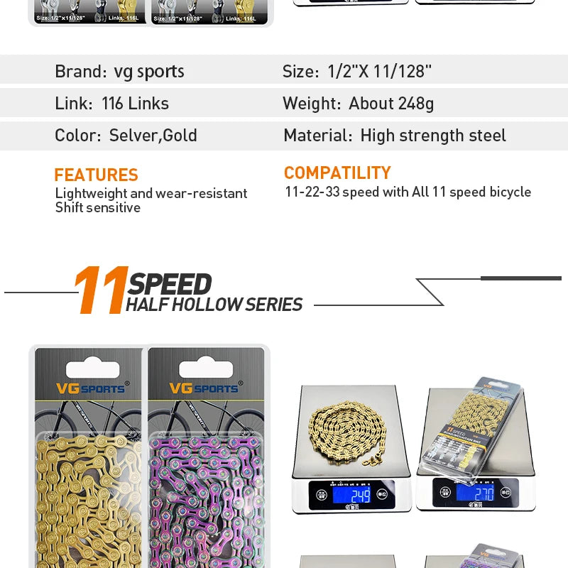 VG Sports Bicycle Chain 6 7 8 9 10 11 Speed 8s 9s 10s 11s Velocidade Titanium Rainbow Gold MTB Mountain Road Bike Chains Parts
