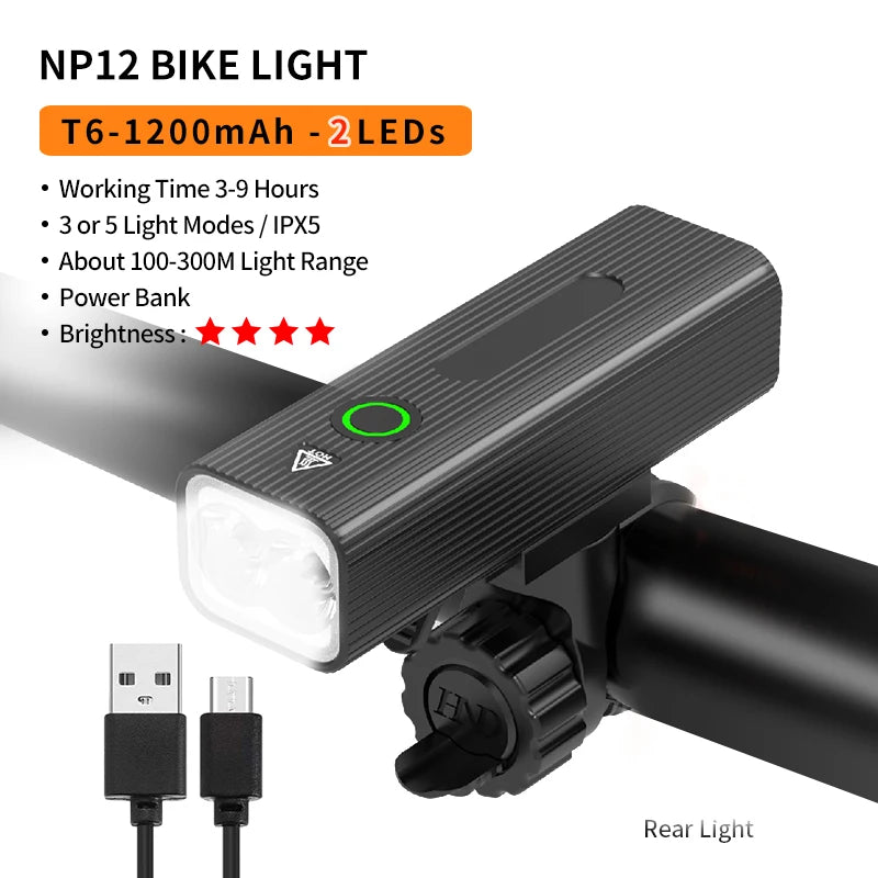 10000-1200mAh Bike Light USB Rechargeable Front Headlight 18650 Battery LED Flashlight for Bicycle Road MTB Lamps Bicycle Light