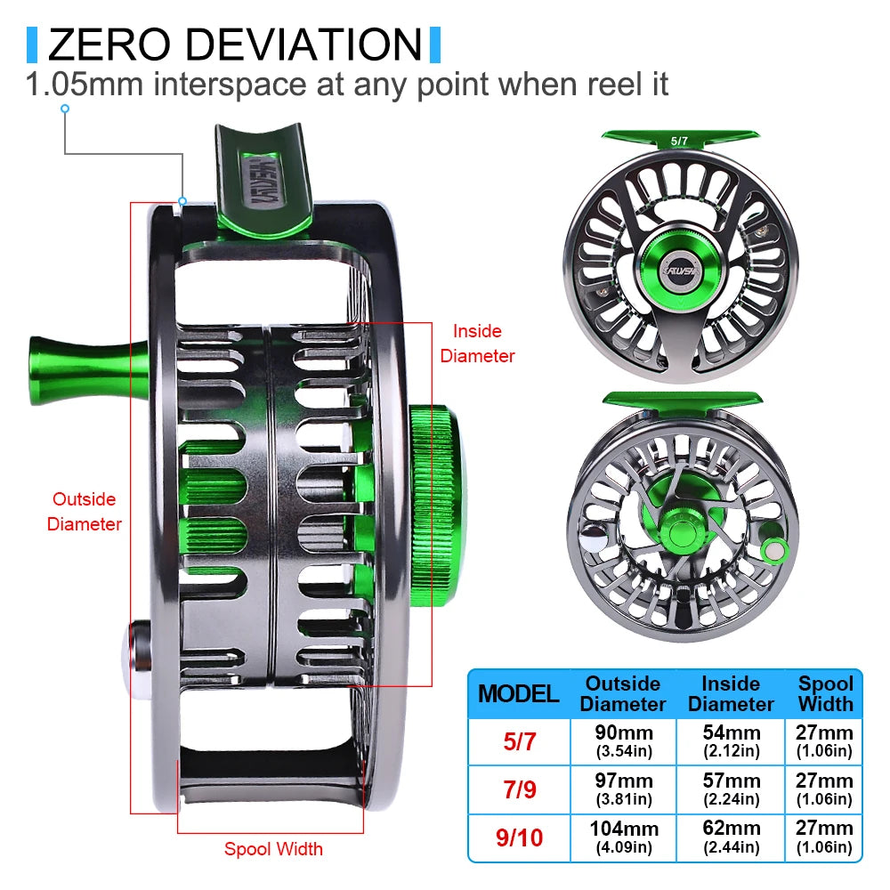 PROBEROS Aluminum 3+1 BB Fly Fishing Wheel Green & Gun Color Fly Fishing Reel CNC Machine Right & Left Handle Fly Reel