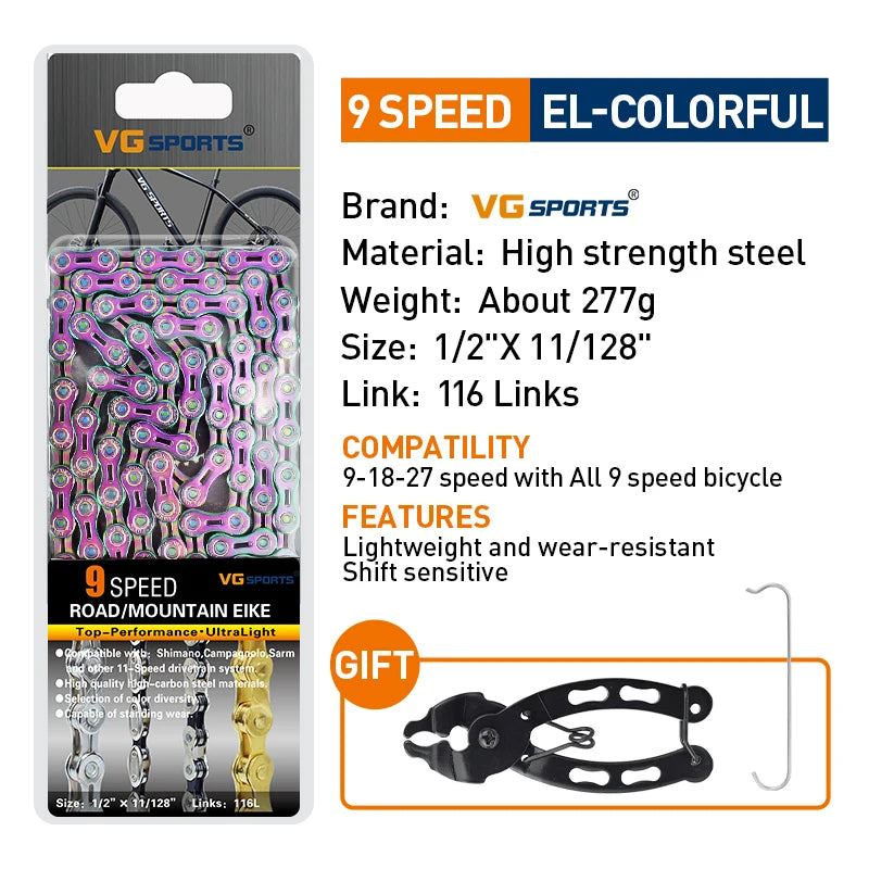 VG Sports Bicycle Chain 6 7 8 9 10 11 Speed 8s 9s 10s 11s Velocidade Titanium Rainbow Gold MTB Mountain Road Bike Chains Parts