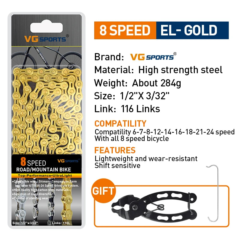VG Sports Bicycle Chain 6 7 8 9 10 11 Speed 8s 9s 10s 11s Velocidade Titanium Rainbow Gold MTB Mountain Road Bike Chains Parts