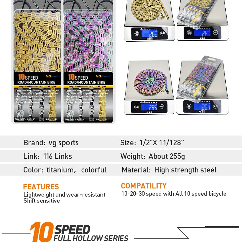 VG Sports Bicycle Chain 6 7 8 9 10 11 Speed 8s 9s 10s 11s Velocidade Titanium Rainbow Gold MTB Mountain Road Bike Chains Parts