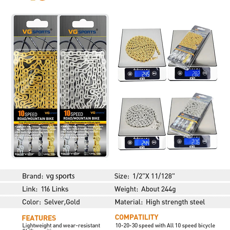 VG Sports Bicycle Chain 6 7 8 9 10 11 Speed 8s 9s 10s 11s Velocidade Titanium Rainbow Gold MTB Mountain Road Bike Chains Parts