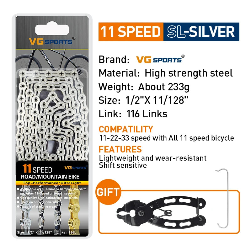 VG Sports Bicycle Chain 6 7 8 9 10 11 Speed 8s 9s 10s 11s Velocidade Titanium Rainbow Gold MTB Mountain Road Bike Chains Parts