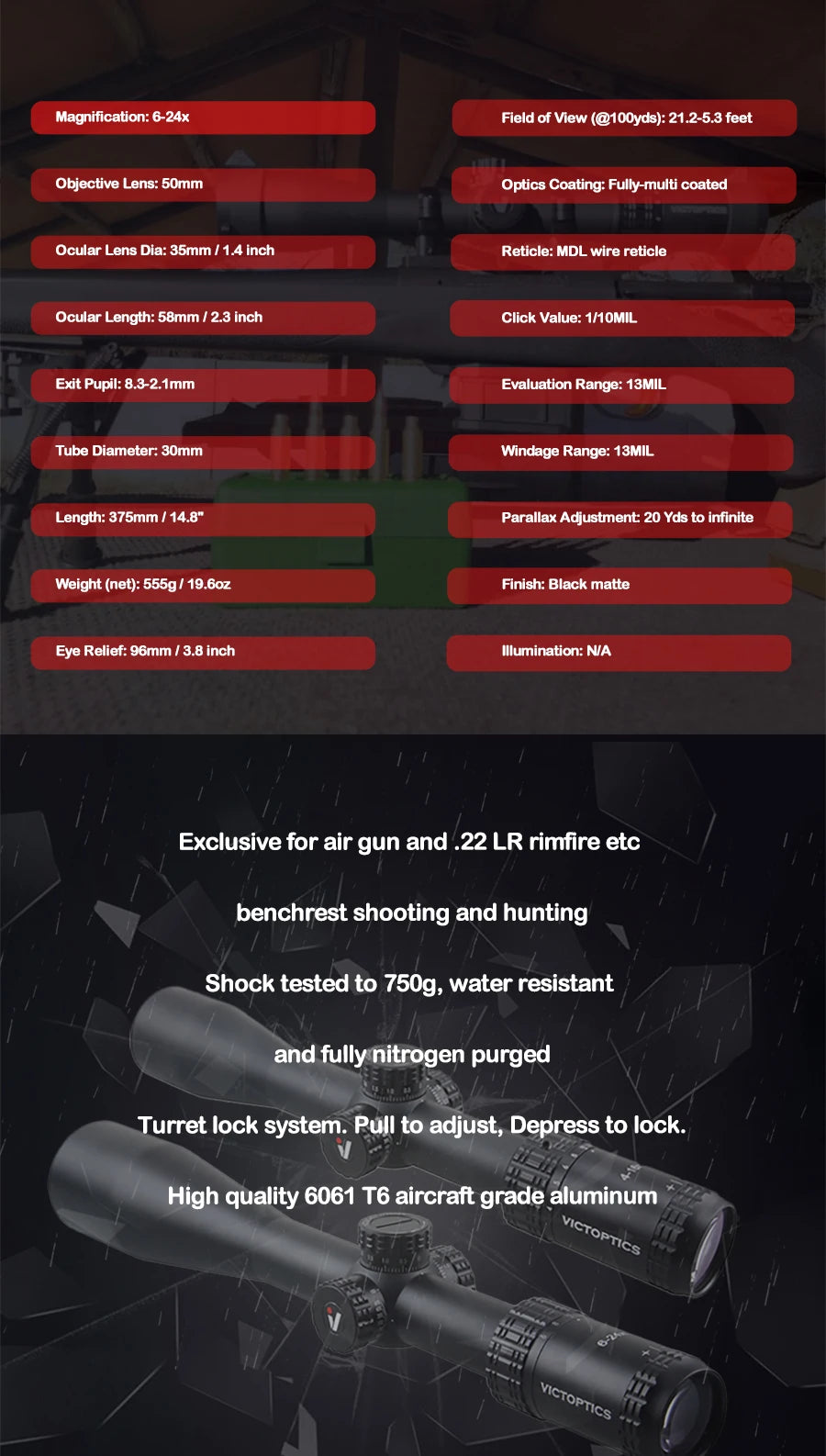 VictOptics S4 6-24X50 MDL Hunting Optical Scope 30mm Tube 1/10 MIL For Sniper Airsoft Guns Fire Arms Riflescope .223 5.56 AR15