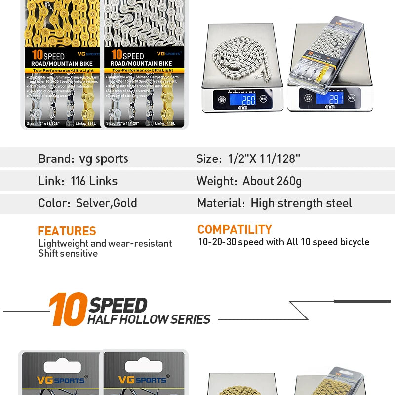 VG Sports Bicycle Chain 6 7 8 9 10 11 Speed 8s 9s 10s 11s Velocidade Titanium Rainbow Gold MTB Mountain Road Bike Chains Parts