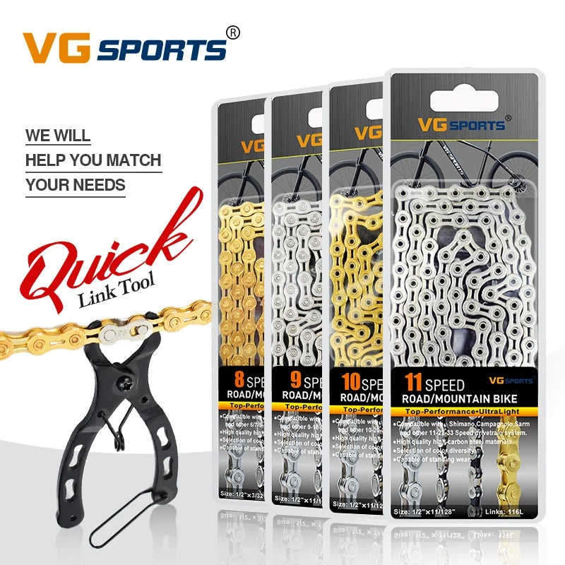 VG Sports Bicycle Chain 6 7 8 9 10 11 Speed 8s 9s 10s 11s Velocidade Titanium Rainbow Gold MTB Mountain Road Bike Chains Parts