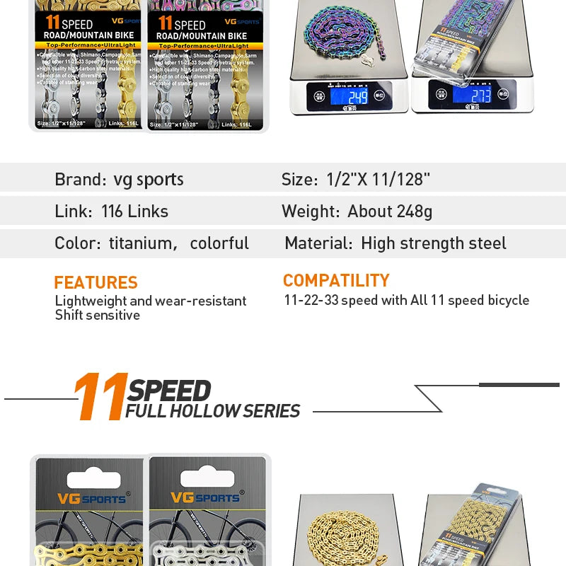 VG Sports Bicycle Chain 6 7 8 9 10 11 Speed 8s 9s 10s 11s Velocidade Titanium Rainbow Gold MTB Mountain Road Bike Chains Parts