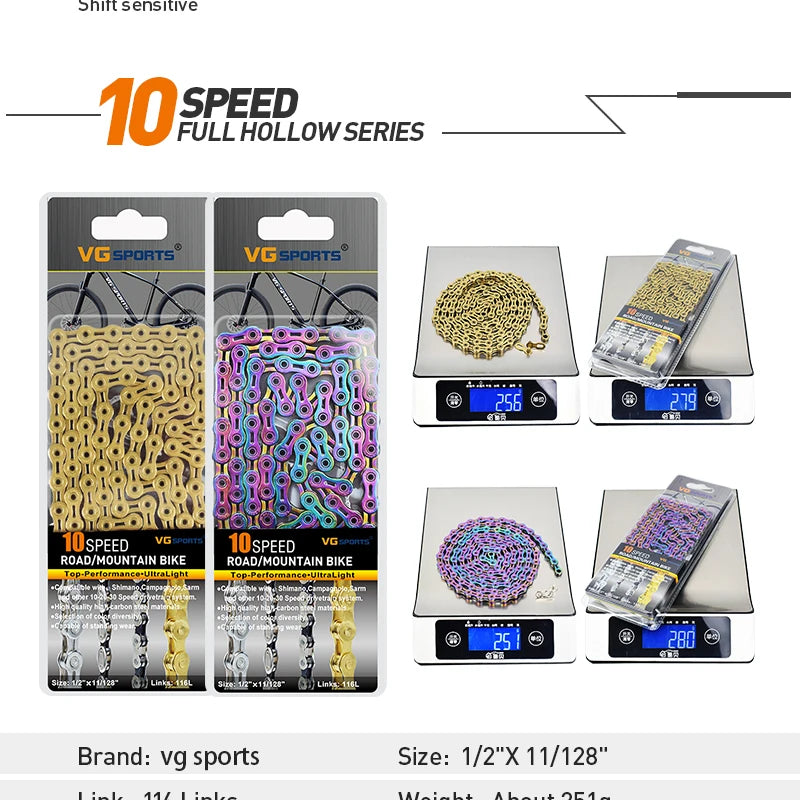 VG Sports Bicycle Chain 6 7 8 9 10 11 Speed 8s 9s 10s 11s Velocidade Titanium Rainbow Gold MTB Mountain Road Bike Chains Parts