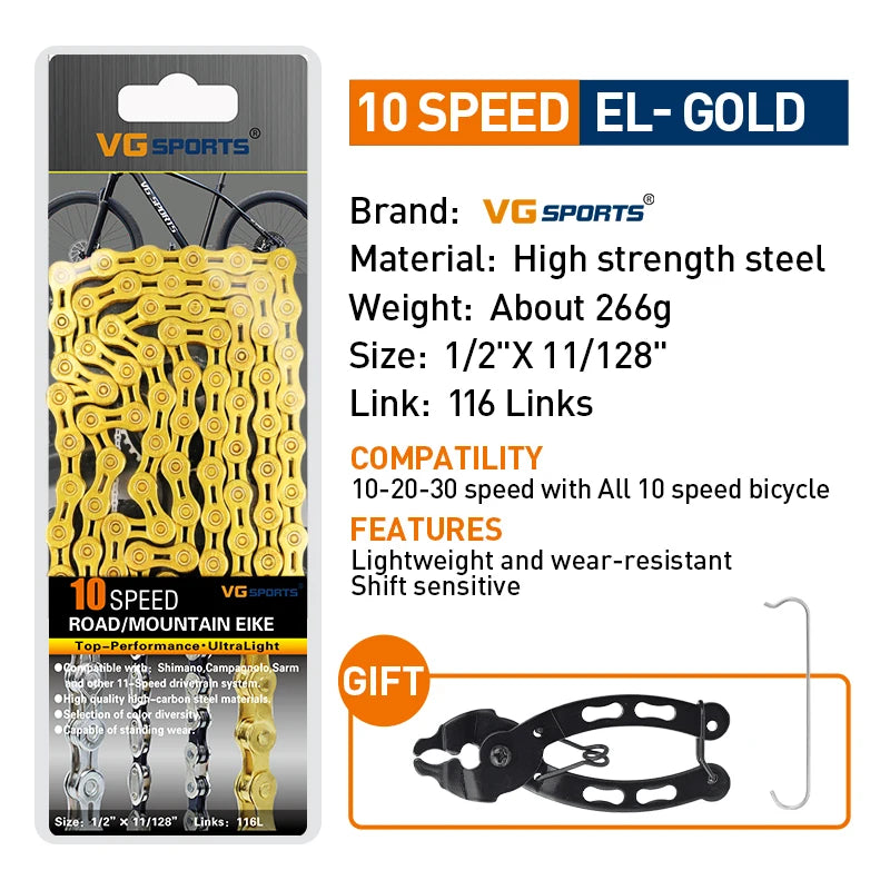 VG Sports Bicycle Chain 6 7 8 9 10 11 Speed 8s 9s 10s 11s Velocidade Titanium Rainbow Gold MTB Mountain Road Bike Chains Parts