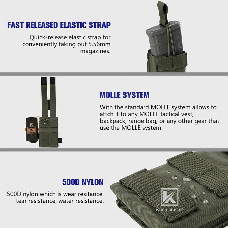 KRYDEX Tactical 5.56 .223 Single Modular Magazine Pouch Open Top MOLLE Holder For M4 M16 Paintball Shooting Hunting Ranger Green