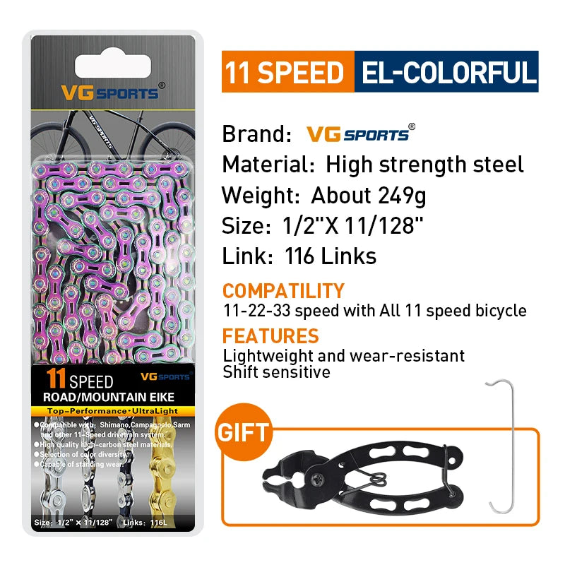 VG Sports Bicycle Chain 6 7 8 9 10 11 Speed 8s 9s 10s 11s Velocidade Titanium Rainbow Gold MTB Mountain Road Bike Chains Parts