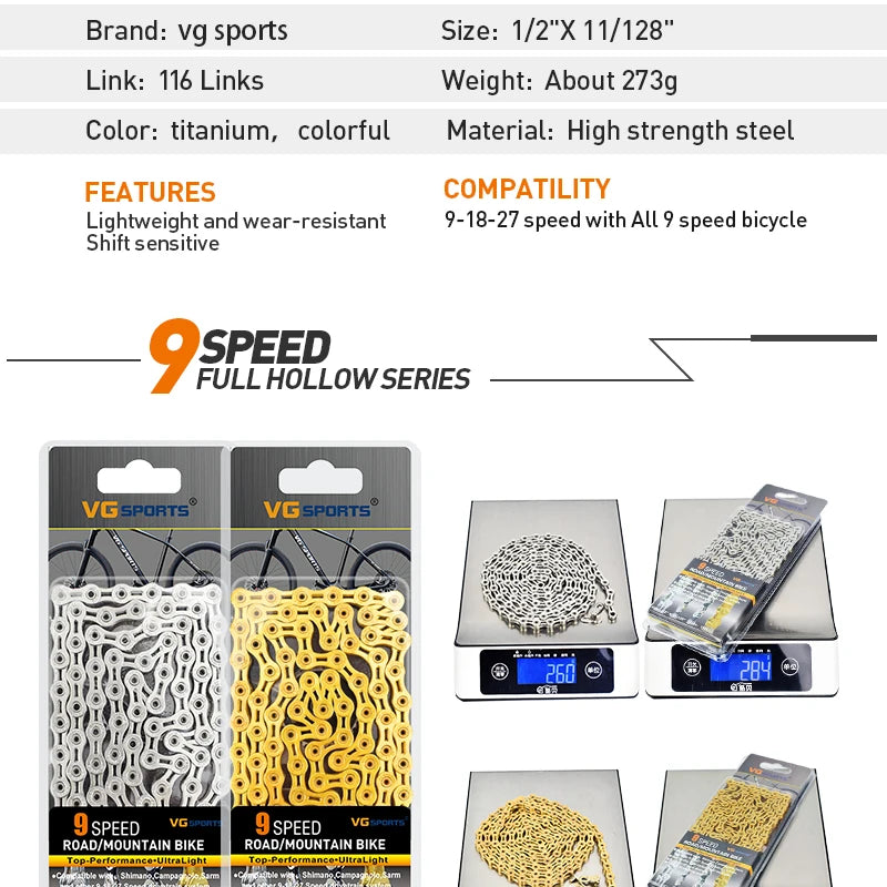 VG Sports Bicycle Chain 6 7 8 9 10 11 Speed 8s 9s 10s 11s Velocidade Titanium Rainbow Gold MTB Mountain Road Bike Chains Parts