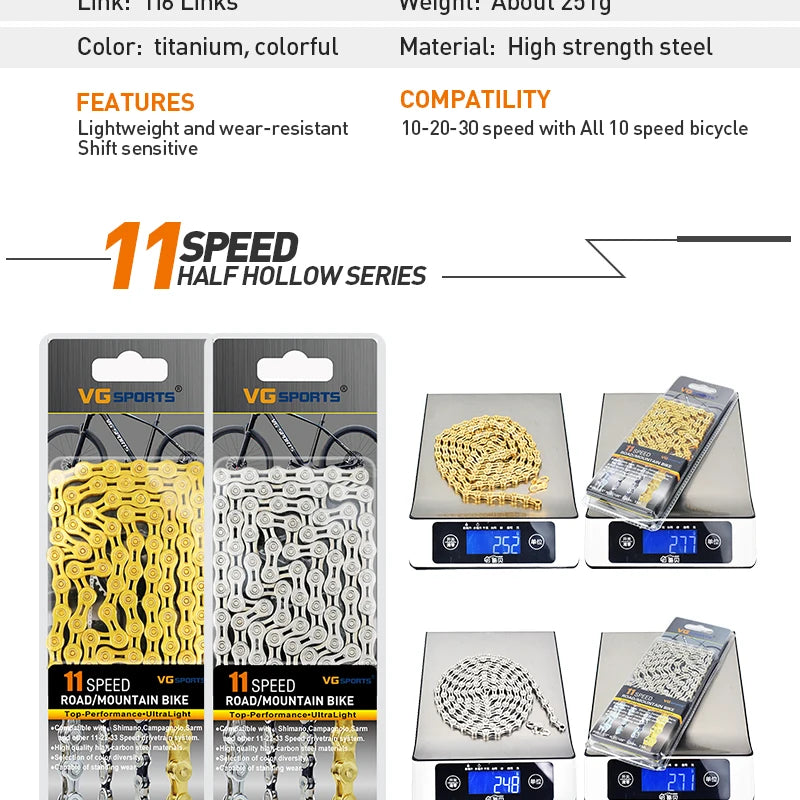 VG Sports Bicycle Chain 6 7 8 9 10 11 Speed 8s 9s 10s 11s Velocidade Titanium Rainbow Gold MTB Mountain Road Bike Chains Parts