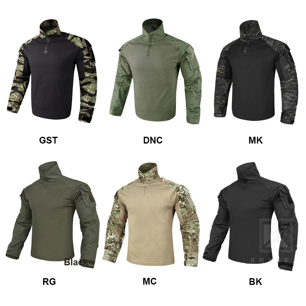 KRYDEX Combat Shirt with Elbow Pads For Hunting Outdoor Tops Tactical Clothes MC Tiger Stripes Shirts
