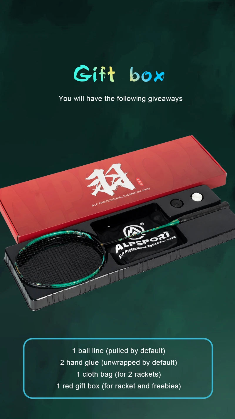 ALPSPORT Peacock 4U 52g 35LBS Carbon Fiber Badminton Racket Super Light Green/White/Red Professional Training Racquet