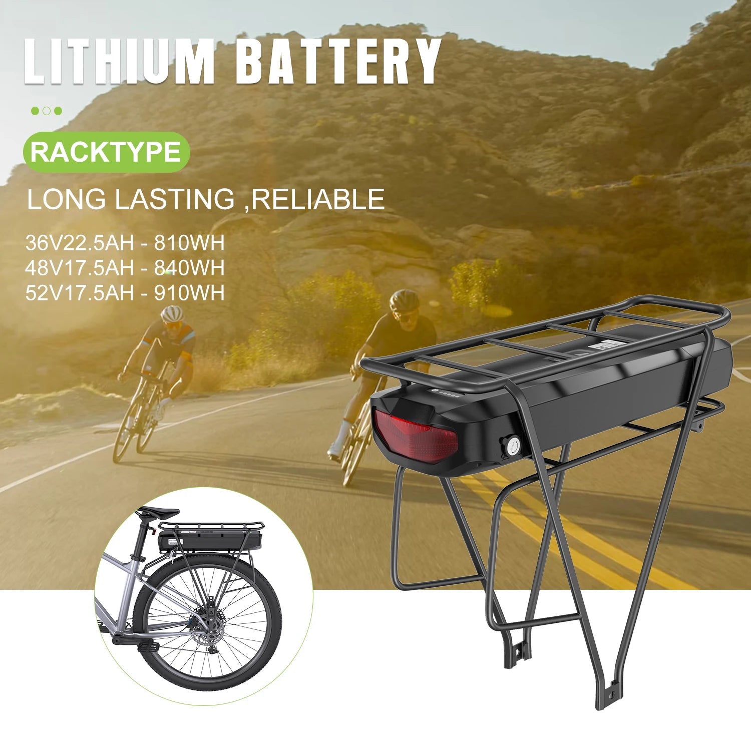[3 Days Delivery]  36V 48V 52V Ebike Luggage Rack Battery 17.5Ah 22.5Ah Racktype for  Bafang  Motor (W/ Charger & BMS Board)