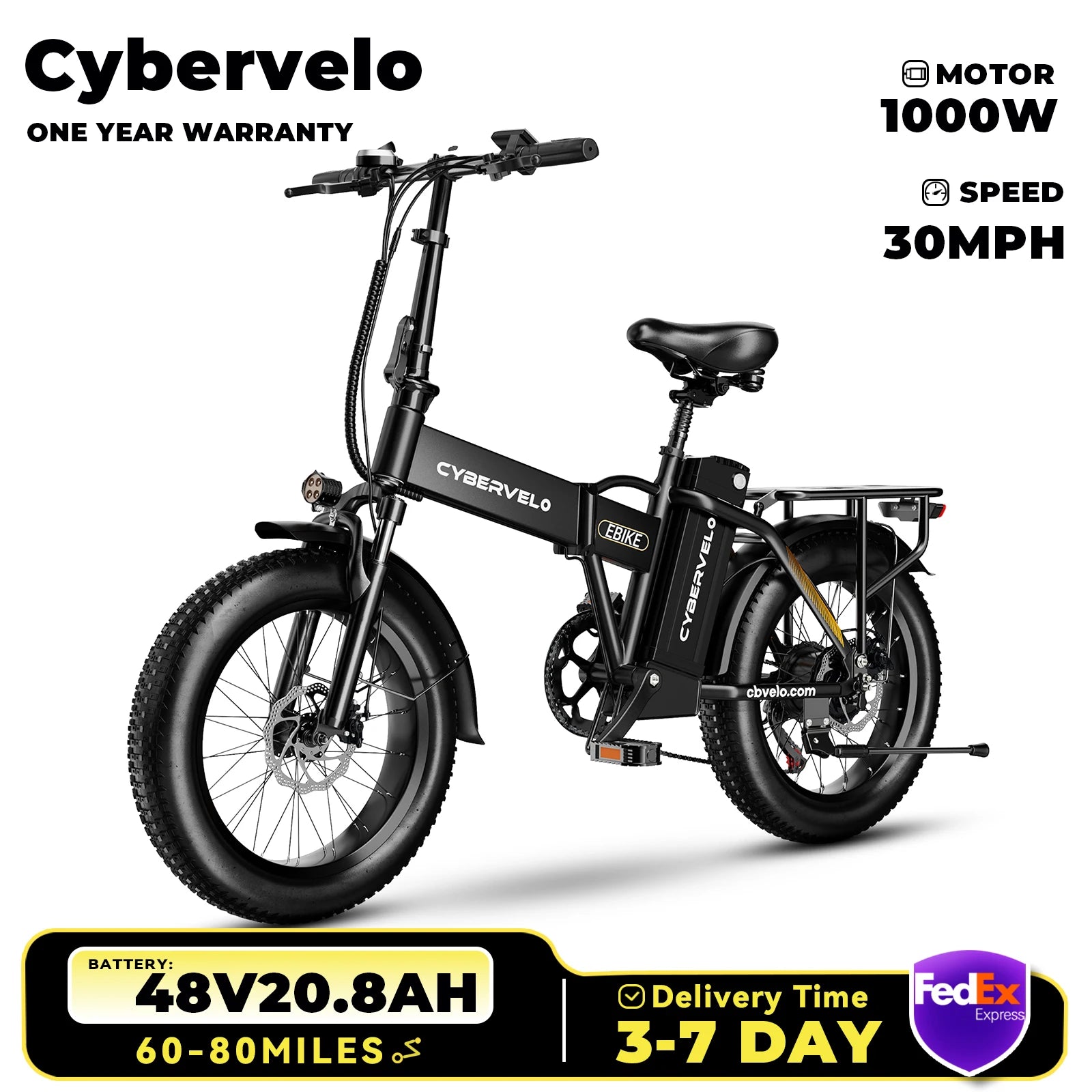 1000W Folding Electric Bike, 48V 20AH Large Removable Battery E Bike, 30+MPH, 80 Miles Max Range, 20