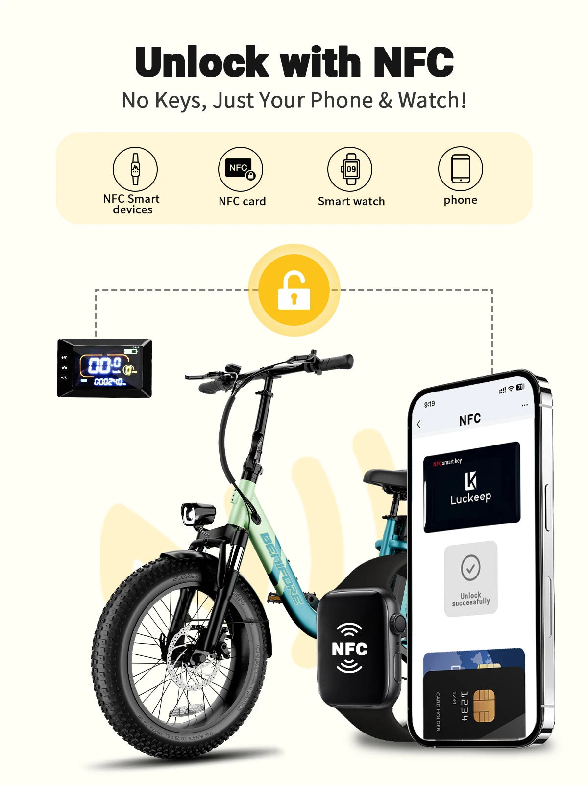 City E-Bike 750W Motor 48V15AH Battery with Seat Back + Footrest Electric Bike 26*3.0-inch Fat Tire NFC Unlock Electric Bicycle