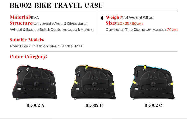 NOOYAH Bike Travel Case Bicycle Transport Bag EVA Case MTB Road Bike Accessories Hardshell Round Trip Suitcase Bike Travel Tools