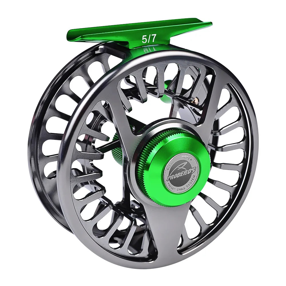 PROBEROS Aluminum 3+1 BB Fly Fishing Wheel Green & Gun Color Fly Fishing Reel CNC Machine Right & Left Handle Fly Reel