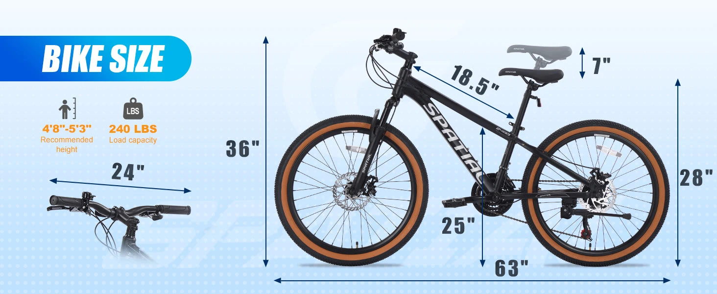 SPATIAL Mountain Bike 24 Inch, 21 Speed Aluminum Frame Lightweight Bike,Dual Disc Brake Bicycle for Teenager