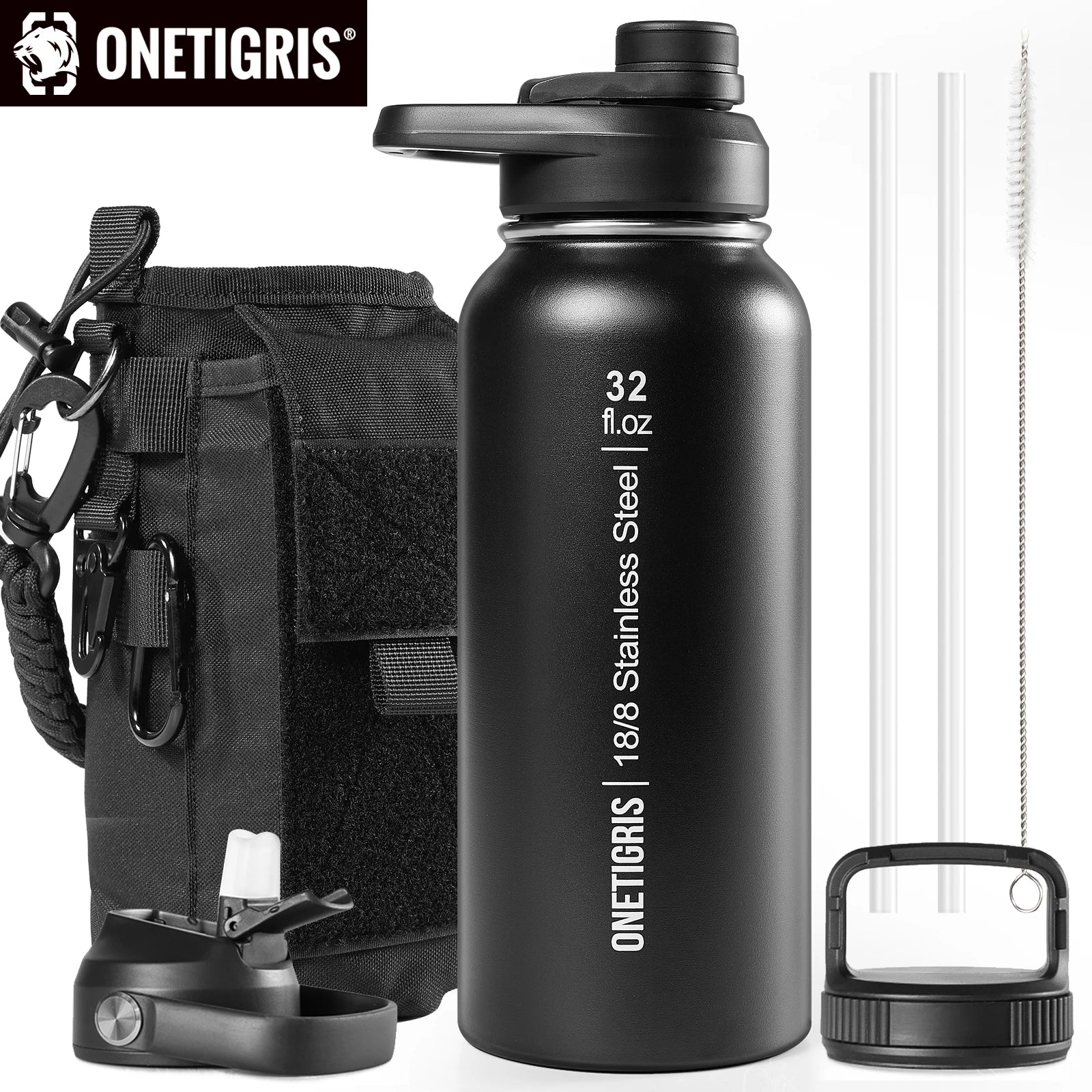 ONETIGRIS 32oz Insulated Water Bottle with Straw, 3 Lids, Sleeve, Leakproof Stainless Steel Thermos for Travel, Hiking, Gym