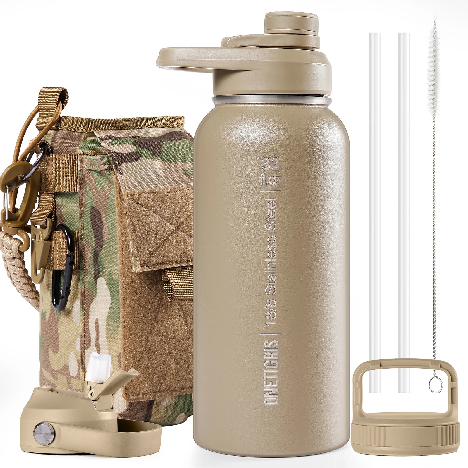 ONETIGRIS 32oz Insulated Water Bottle with Straw, 3 Lids, Sleeve, Leakproof Stainless Steel Thermos for Travel, Hiking, Gym