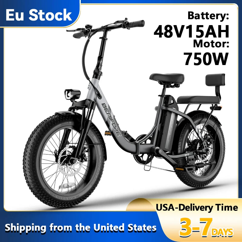 City E-Bike 750W Motor 48V15AH Battery with Seat Back + Footrest Electric Bike 26*3.0-inch Fat Tire NFC Unlock Electric Bicycle