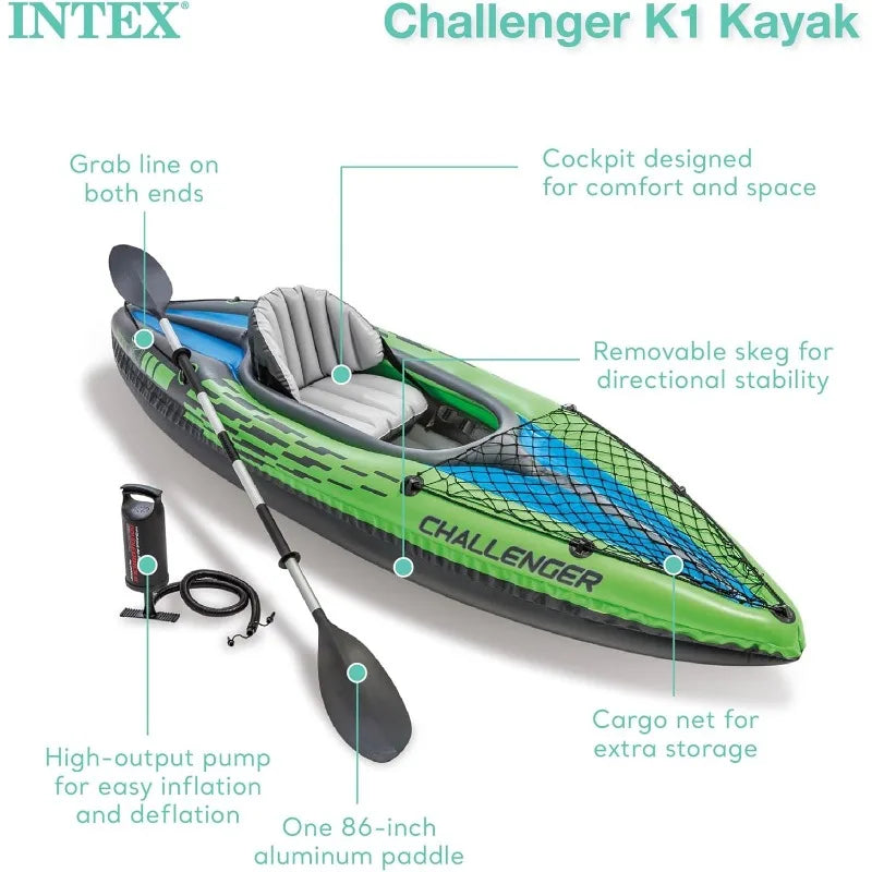 INTEX Challenger Inflatable Kayak Series: Includes Deluxe 86in Kayak Paddles and High-Output Pump – SuperStrong PVC