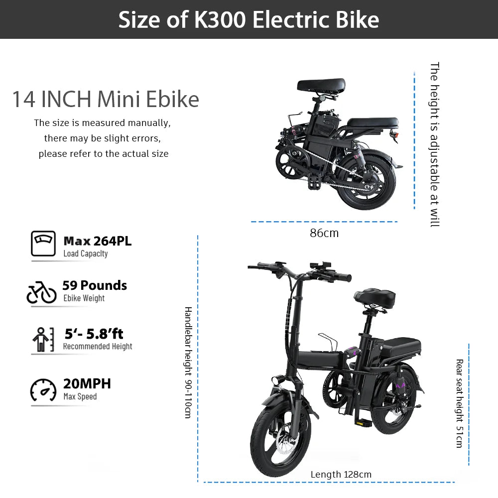 DEEPOWER 14'' Electric Bike Foldable Electric Pedal Assistance with 10ah Battery, 21MPH 400W Motor, Multi-Shock Ebike for teen