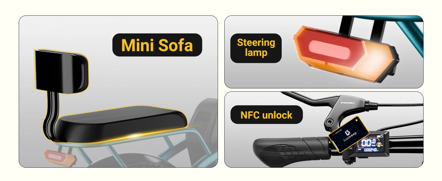 City E-Bike 750W Motor 48V15AH Battery with Seat Back + Footrest Electric Bike 26*3.0-inch Fat Tire NFC Unlock Electric Bicycle