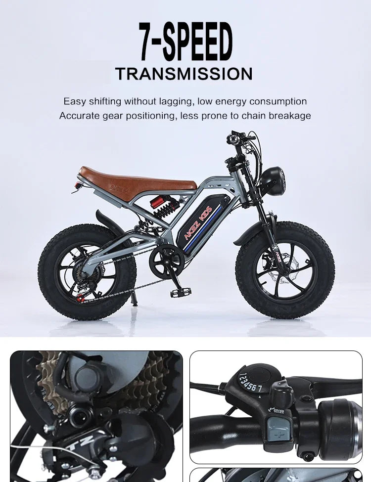 AKEZ 16inch Fat Tire electric bike kids to ride 350W Motor 36V 16AH Battery Full Suspension retro Electric Mountain Bicycle