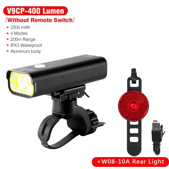 GACIRON 400-800LM Bicycle Headlight Bike Front Light with Wire Remote Switch IPX6 Waterproof Chargeable Pro Contest Flashlight