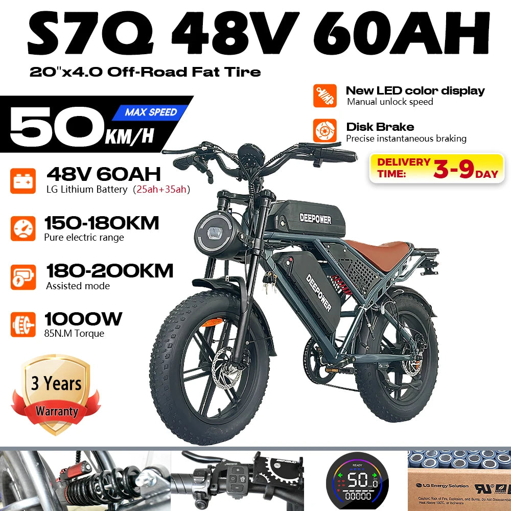 DEEPOWER QS7 Max Electric Bicycle 2000W Brushless Motors MTB E-bike 48V 35AH Lithium Battery Speed 50Km/h Adult Off Road Ebike