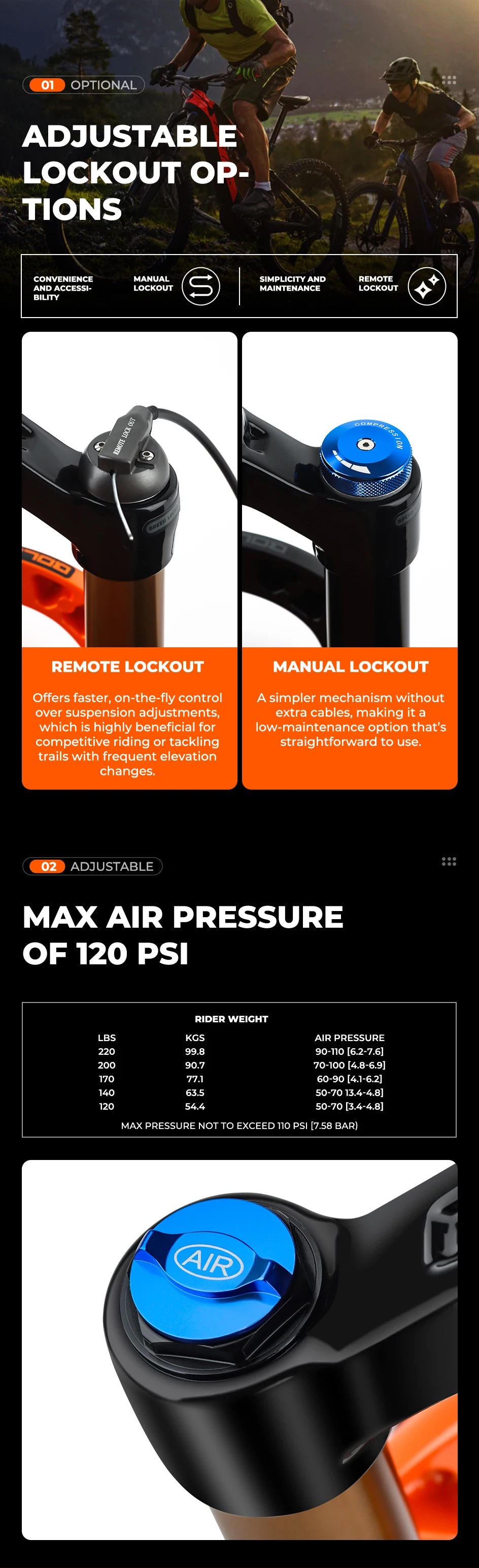 BOLANY Bike Air Fork 27.5/29inch 120mm Travel Oil Air Suspension Lightweight Magnesium Alloy Quick Release Bicycle Fork