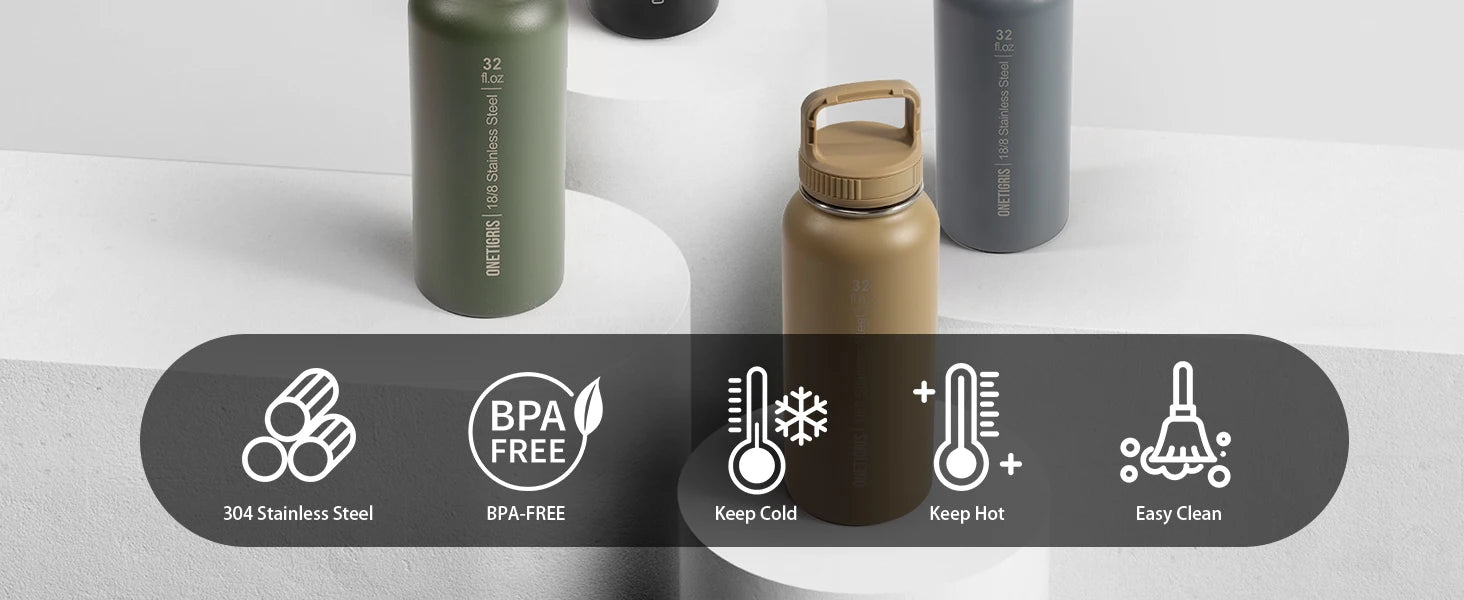 ONETIGRIS 32oz Insulated Water Bottle with Straw, 3 Lids, Sleeve, Leakproof Stainless Steel Thermos for Travel, Hiking, Gym