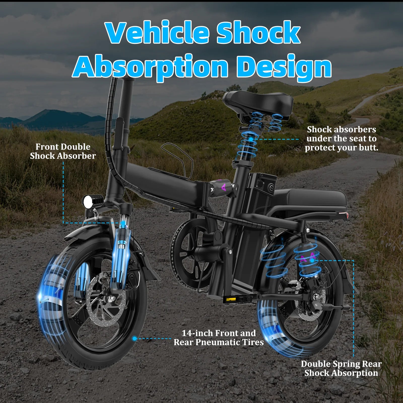 DEEPOWER 14'' Electric Bike Foldable Electric Pedal Assistance with 10ah Battery, 21MPH 400W Motor, Multi-Shock Ebike for teen