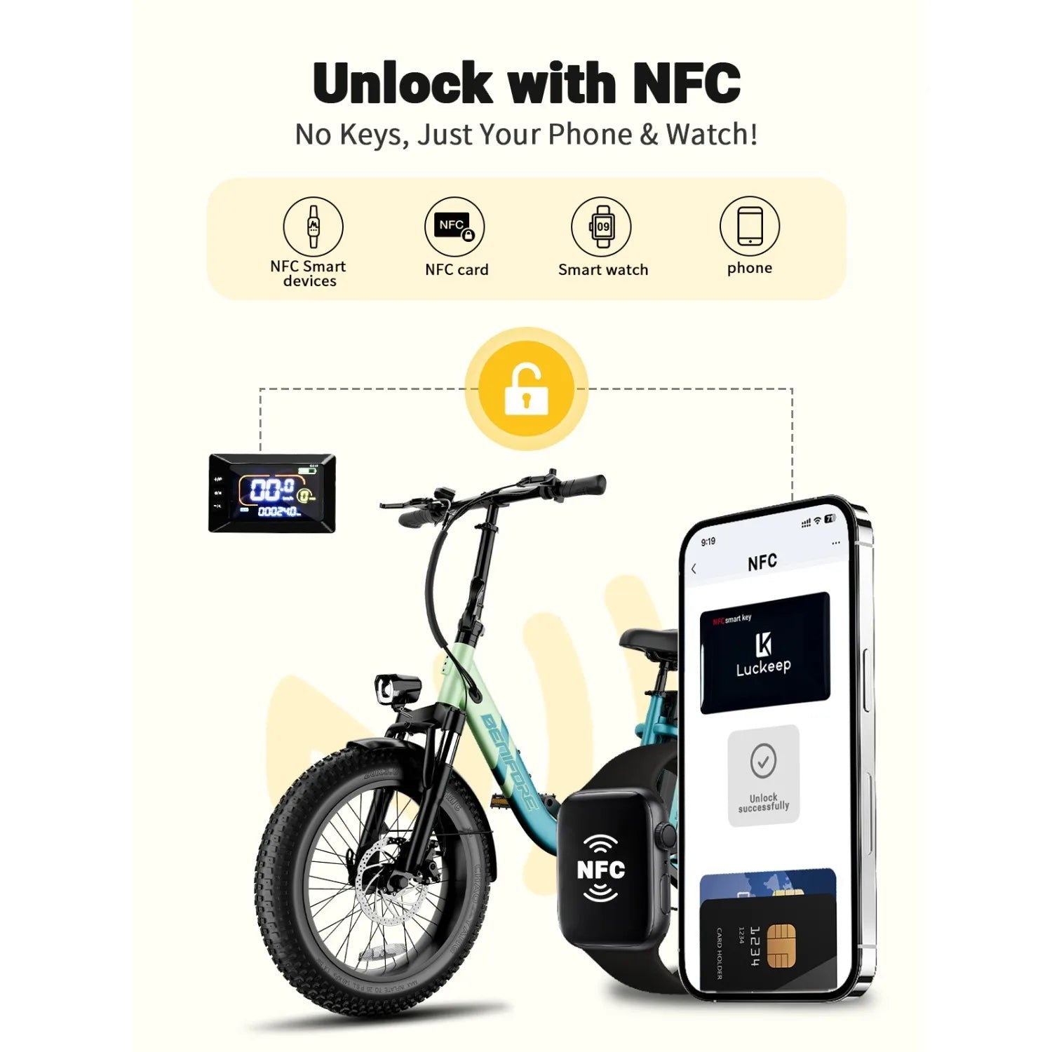 City E-Bike 750W Motor 48V15AH Battery with Seat Back + Footrest Electric Bike 26*3.0-inch Fat Tire NFC Unlock Electric Bicycle