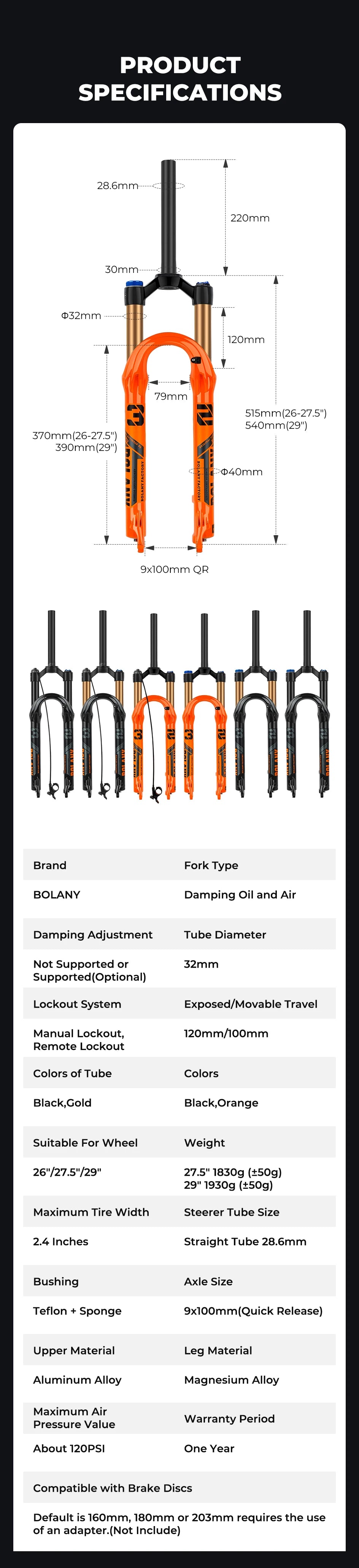 BOLANY Bike Air Fork 27.5/29inch 120mm Travel Oil Air Suspension Lightweight Magnesium Alloy Quick Release Bicycle Fork