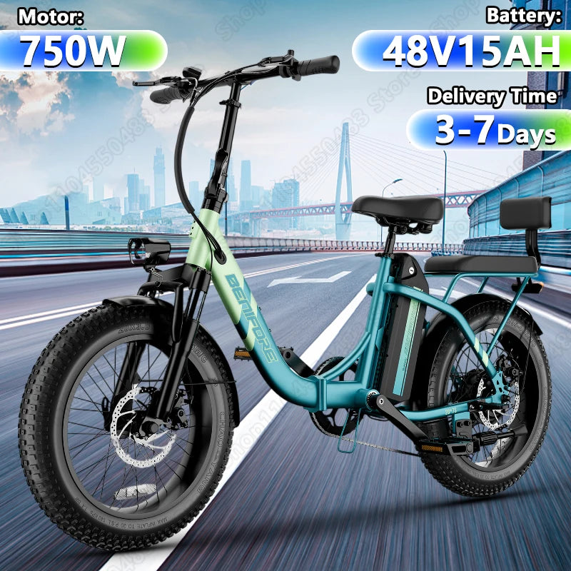 City E-Bike 750W Motor 48V15AH Battery with Seat Back + Footrest Electric Bike 26*3.0-inch Fat Tire NFC Unlock Electric Bicycle