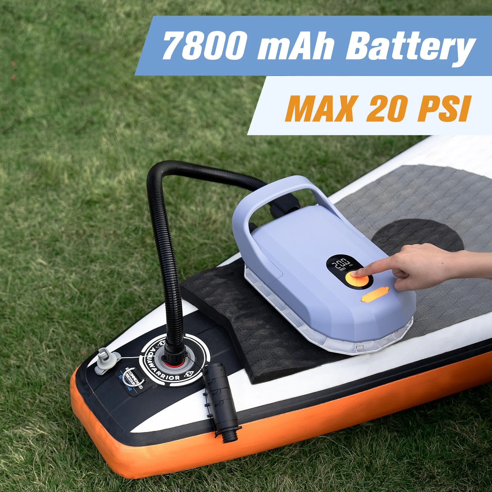 AIRBANK D6PRO SUP Electric Air Pump with Battery 7800mAh 20PSI Max Rechargeable 12V DC Car Connection Pump for Boards, Surf Kite