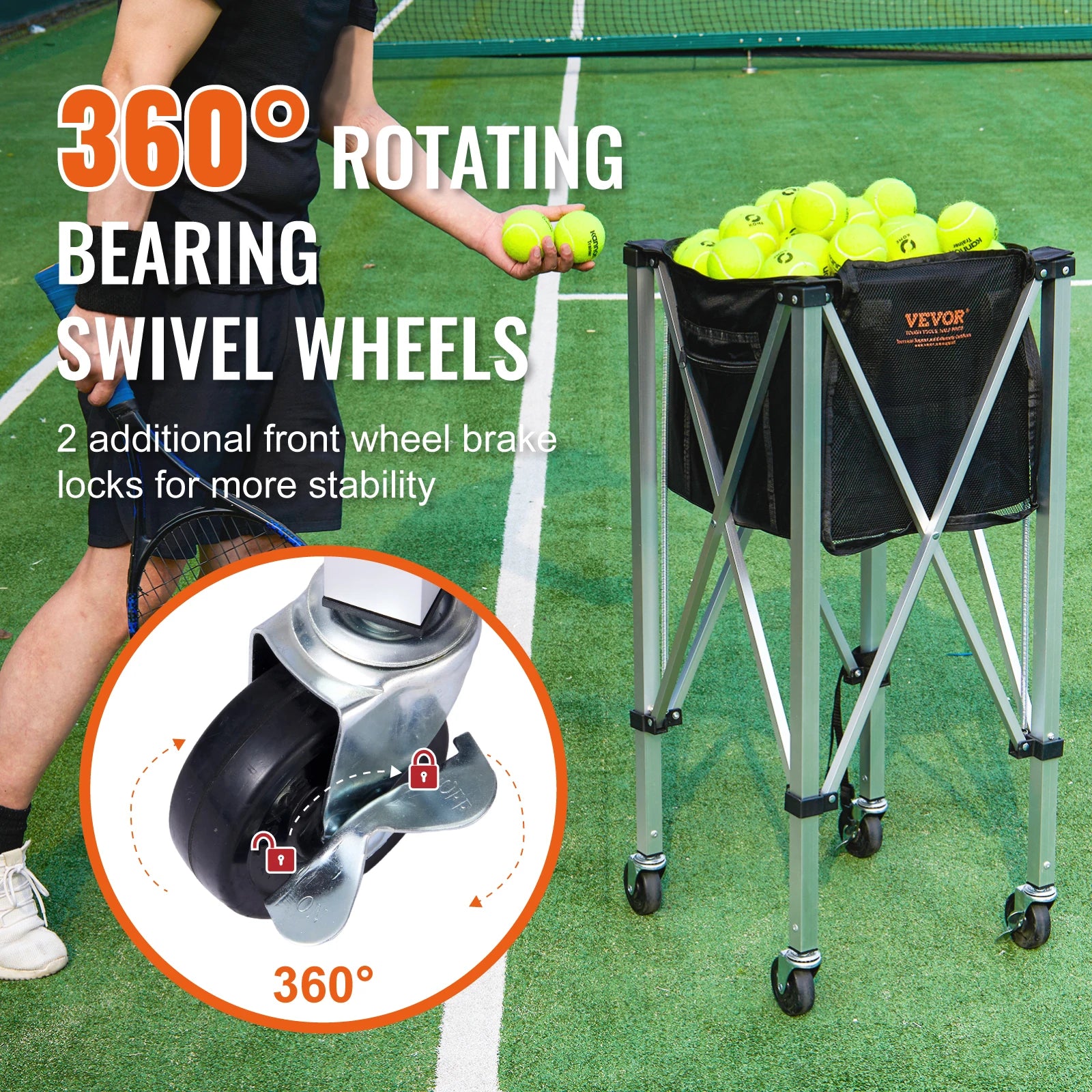 SucceBuy Foldable Tennis Ball Cart Holds 150/180 Tennis Balls Basket Hopper with Wheels Teaching Portable Baseball Trolley