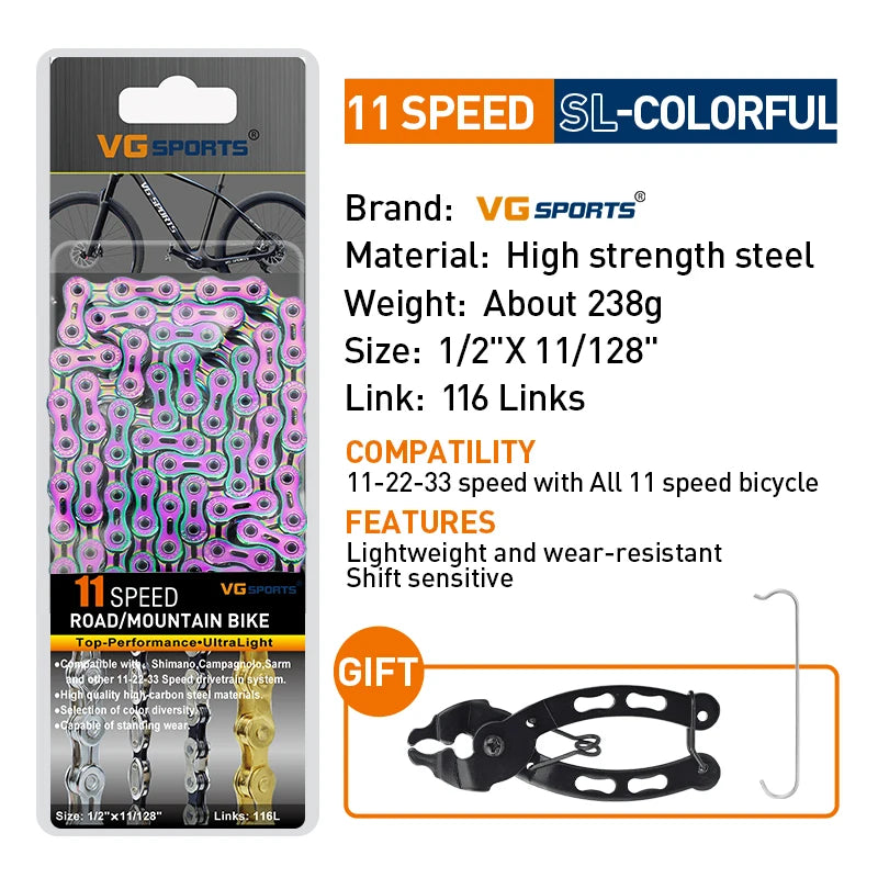 VG Sports Bicycle Chain 6 7 8 9 10 11 Speed 8s 9s 10s 11s Velocidade Titanium Rainbow Gold MTB Mountain Road Bike Chains Parts