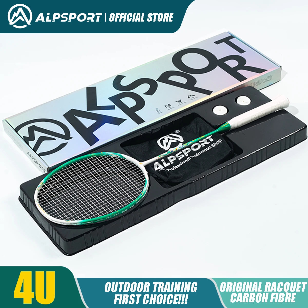 ALPSPORT Peacock 4U 52g 35LBS Carbon Fiber Badminton Racket Super Light Green/White/Red Professional Training Racquet